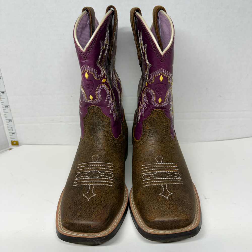 Ariat 10015390 Leather Western Boots Brown Purple Square Toe Youth Size 12